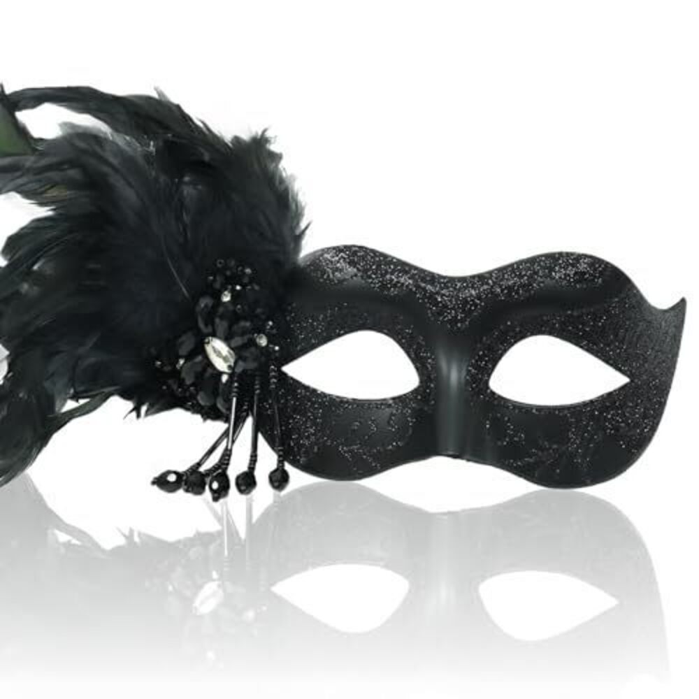 4946 Masquerade Mask with Stick, Shiny Feather Mardi Gras Venetian Mask